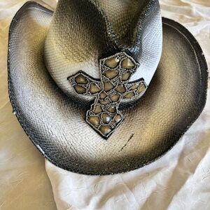 Stylish Black and White Cowboy Hat with Cross Accent